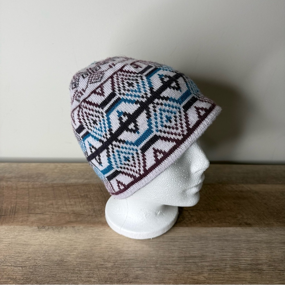 COLUMBIA Unisex Vintage Fair Isle Wool Blend Knit Beanie Toque Grey Blue Maroon - Picture 3 of 12